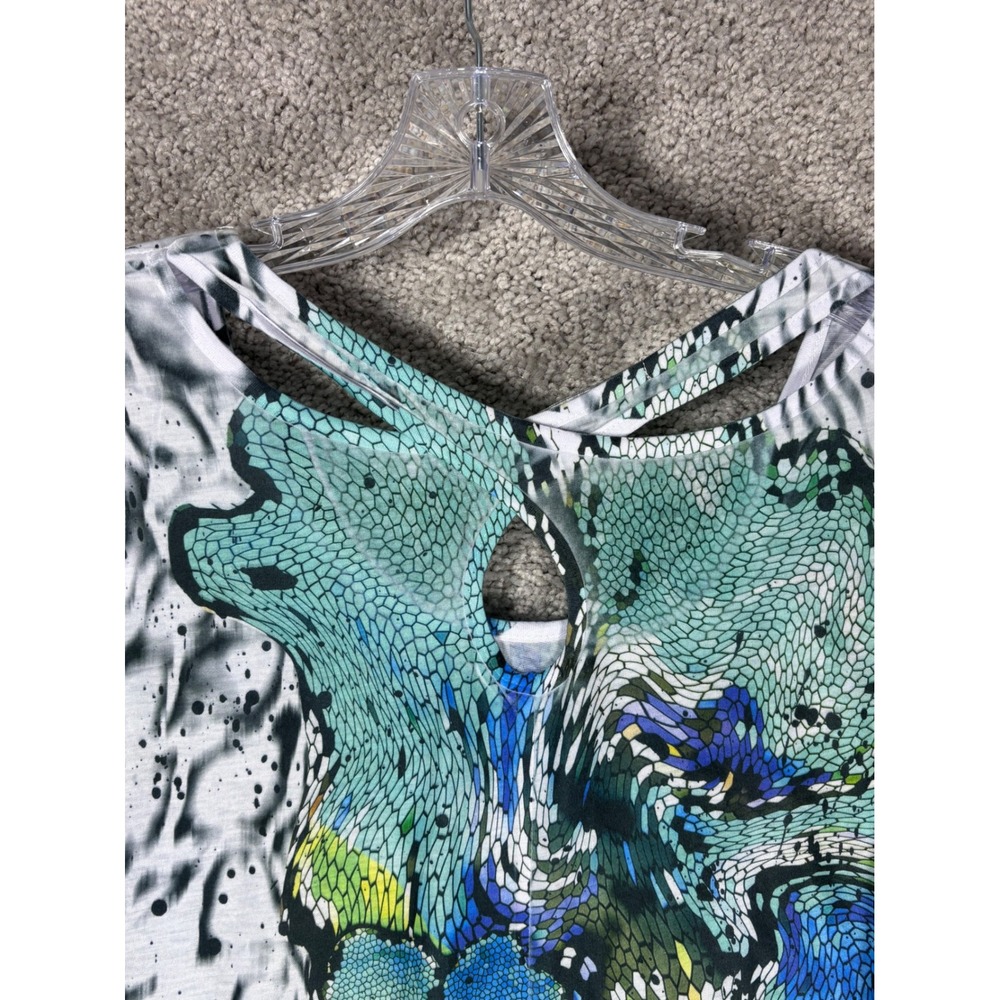 BLEU Women's Medium Blue Green Floral Print Twisted Cutout Tunic Top - Picture 6 of 13